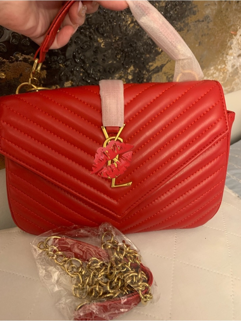 Brand New ! 💋Red Quilted Crossbody Bag with Gold Hardware